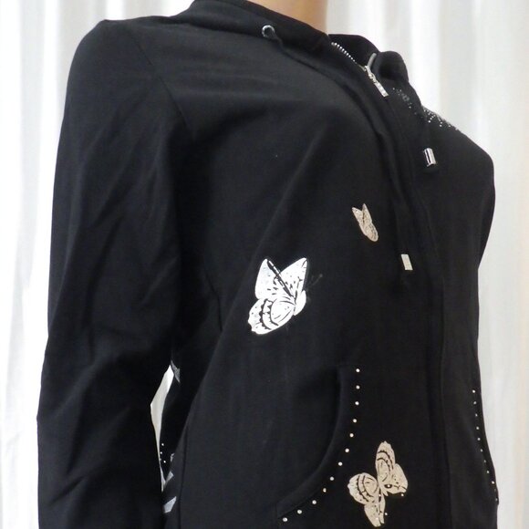 NWT BCBG sz SM MED LG XL 95% cotton BLK SILVER FOIL ROSE BUTTERFLY 2PC TRACKSUIT - Picture 12 of 15